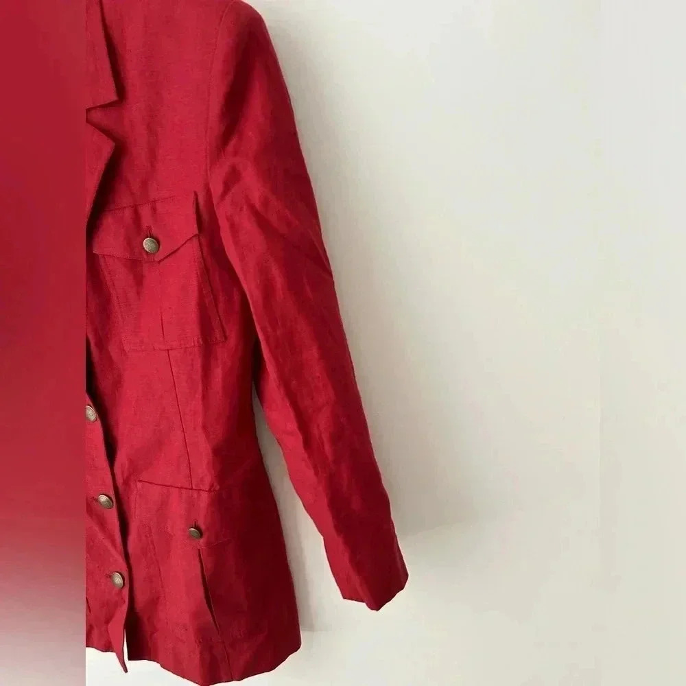 Vintage 90s Episode Red Linen Blazer Gold Button Tailored Jacket Women Size 4 - Picture 8 of 11